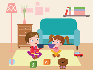 Happy children playing game on mobile phone apps while sitting in the living room at home