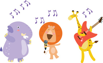 Naklejka premium Group of animals cartoon character singing and dancing together, isolated white background