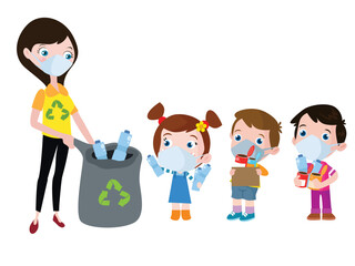 Children putting bottle waste in a plastic bag