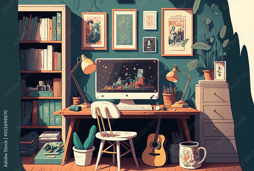 Poster stylish home or studio workplace with a computer. generative ai