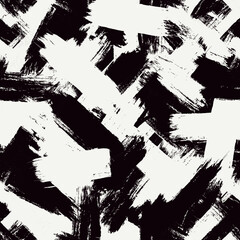 Naklejka premium Brush stroke seamless pattern. Hand drawn black ink, paint smears surface print. Freehand artistic texture background