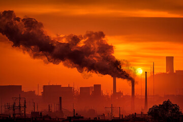 Pollution of the atmosphere, Smoking chimneys against the setting sun.
