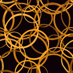 Golden rings seamless pattern. Repeated chaotic bubbles, circles motif. Geometric surface print. Freehand brush texture