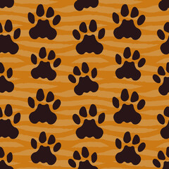 Animal paw footprint seamless surface pattern. Wildlife camouflage print. Repeating trace silhouettes motif