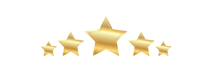 Five golden stars on a white background. Warranty and rating and quality mark.