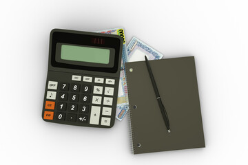3D rendering of a composition of Myanmar kyat notes, a calculator, a note book and a pen isolated on white background. Tax background design concept