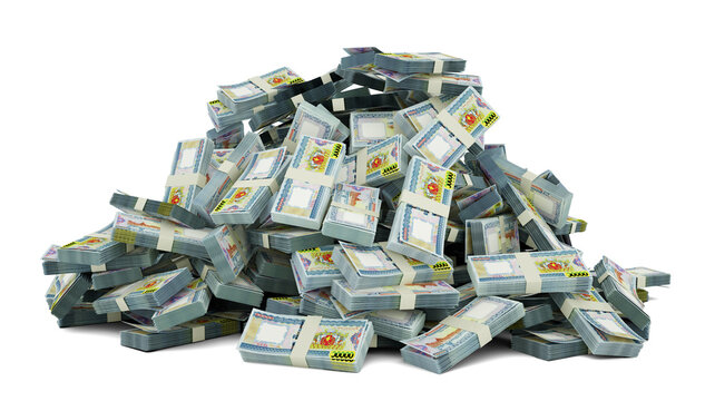 Big pile of Myanmar Kyat notes a lot of money over white background. 3d rendering of bundles of cash