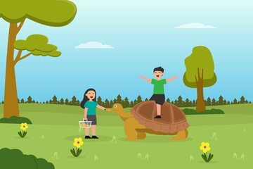Zoo vector concept: Little girl feeding the tortoise with carrot while little boy riding the tortoise in the zoo