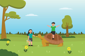 Zoo vector concept: Little girl feeding the tortoise with carrot while little boy riding the tortoise in the zoo
