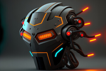 Robotic head with light up neon indicators on a light gray background. Generative AI