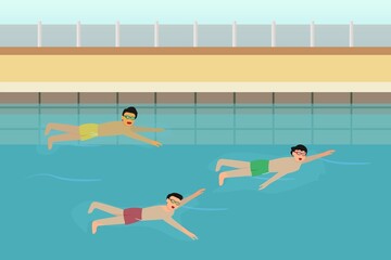 Friendship vector concept: Group of teenagers swimming together in the pool while wearing glasses