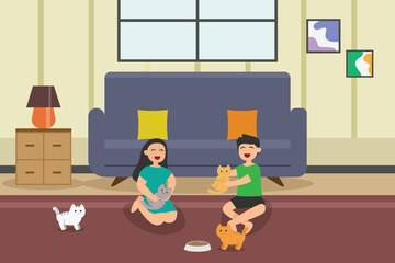 children playing with cats on the floor at home