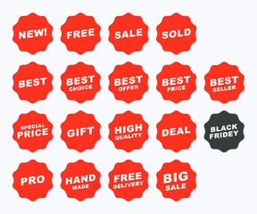 Set of badges and stickers for sale graphic design. High quality, price and new tags. Special offer, sale, discount, shop, black friday banner. Pricing, best offer label and sticker