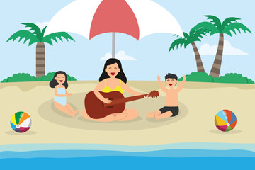 mother playing guitar with her daughter and son while enjoying quality time in the beach