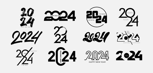 2024 Happy New Year logo text design. Set of 2024 number design template. Christmas symbols 2024 Happy New Year. Vector illustration with black labels logo for diaries, notebooks, calendars. - obrazy, fototapety, plakaty