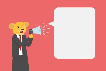 Businesswoman with lion head shouting at copy space