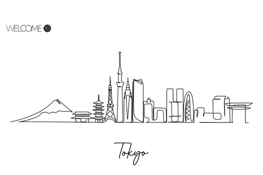 Continuous line drawing of Tokyo city skyline Japan. World Famous tourism destination. Simple hand drawn style design for travel and tourism promotion campaign