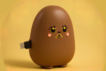 Rechargeable battery powered brown chicken egg figure mascot on a yellow backdrop. Generative AI