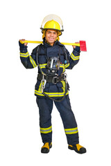 Full body young smiling African American fireman in uniform and hardhat holds axe and looking at camera, isolated on white background. 