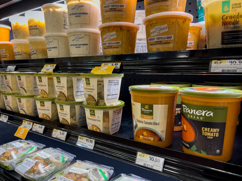 Mill Creek, WA USA - circa October 2022: Close up view of prepackaged, refrigerated soups for sale inside a Sprouts Market.
