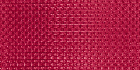 Seamless shiny ribbed glass kaleidoscope squares refraction background texture in Viva Magenta (PANTONE 18-1750) color of the year 2023. Abstract geometric crimson red backdrop pattern. 3D rendering.