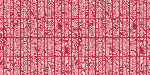 Seamless abstract safari stripe rectangle mosaic block print textile surface pattern in Viva Magenta PANTONE 18-1750 color of the year 2023. Contemporary crimson red fashion design fabric background.
