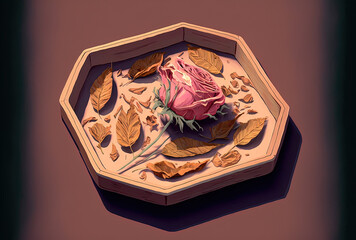 Pink dried rose in the center of a tray. Generative AI