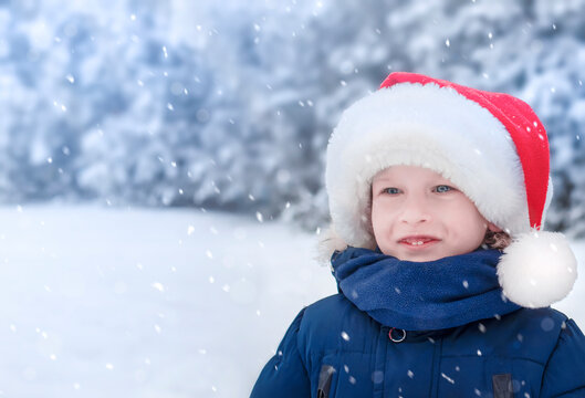 A child dressed in winter clothes and Santa Claus hat smiles against the background of a snow-covered Christmas tree, it is snowing. High quality photo