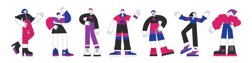 Bisexual people characters clipart collection. Bi queer person with flag, symbols and purple pink blue colors. LGBTQA pride. International bisexuality day. Awareness and visibility week. - obrazy, fototapety, plakaty