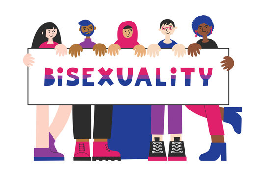 Bisexual people of different ethnicity demonstrate poster. Bisexuality awareness and visibility. LGBTQA pride queer person with flag. Bi week and day.