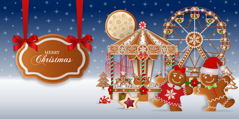 christmas background with gingerbread cookies. gingerbread landscape with funfair, gingerbread man and gingerbread woman