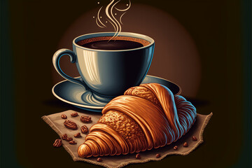 Coffee, beans and croissant.