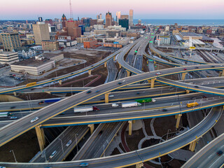 Aerial Shot of Downtown Milwaukee Highway Interchange  at Sunset - obrazy, fototapety, plakaty