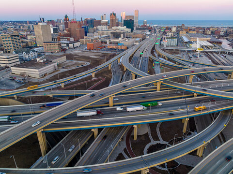 Aerial Shot Of Downtown Milwaukee Highway Interchange  At Sunset