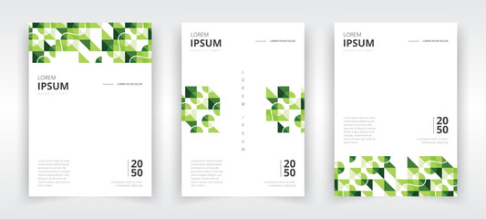 Modern and professional a4 size portrait poster design template set with green colored artwork, flyer or leaflet layout, banner, presentation, book or magazine cover, annual report