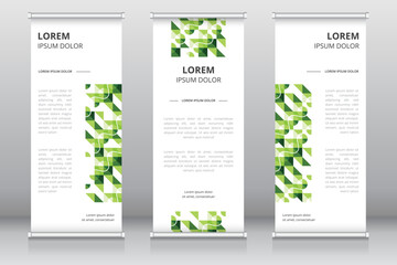 Modern and professional roll up banner template or vertical signboard template with green colored artwork, Retractable banner, Pop up banner, Standee template, X-banner template