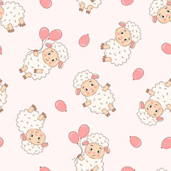 Fototapeta na wymiar children's seamless pattern on a beige background sheep with balls