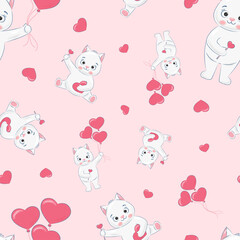 children's seamless pattern on a pink background with cats with heart balloons
