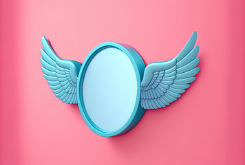 On a pink backdrop, a blue badge with wings and blank space for your design. Generative AI