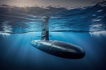 A military submarine. The submarine is floating underwater. Generative AI - obrazy, fototapety, plakaty