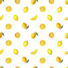Watercolor seamless pattern with illustration of fresh citrus yellow fruit lemon