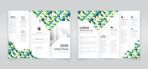 Modern trifold brochure template with green and blue colored artwork, trifold flyer layout, pamphlet, leaflet - obrazy, fototapety, plakaty