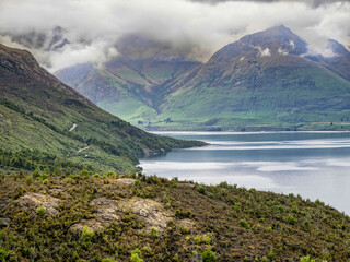 Lake Wakatipu, near Glenorchy in New Zealand on a cloudy day