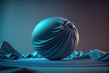 On a blue background, a stunning blue neon sphere is seen laying on a gray silk cloth that is in motion. Generative AI