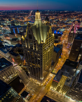 Aerial Night Shot of Downtown Milwaukee at night - City Lights - Ukraine Colors lighting up buildings