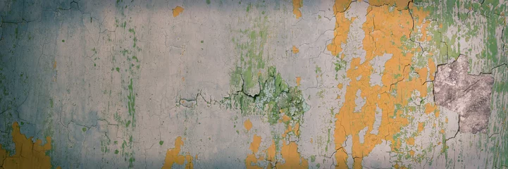 Peel and stick wall murals Old dirty textured wall Peeling paint on the wall. Panorama of a concrete wall with old cracked flaking paint. Weathered rough painted surface with patterns of cracks and peeling. Wide panoramic grungy texture for background