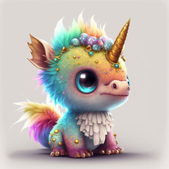 Cute rainbow baby dragon with unicorn horn