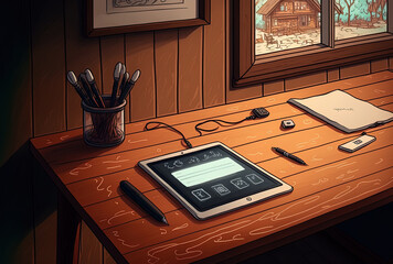 Fototapeta premium On a wooden table, a digital tablet with a smart home controller is visible. Generative AI