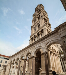 Fototapeta na wymiar Famous bell tower at the ruins of Roman Deocletian palace in Split