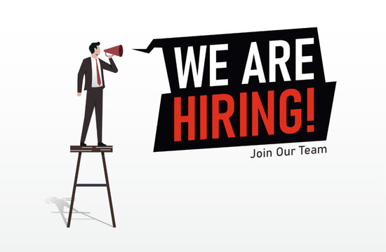 Businessman holding megaphone with the text we are hiring. Business recruiting design concept. Join our team announcement